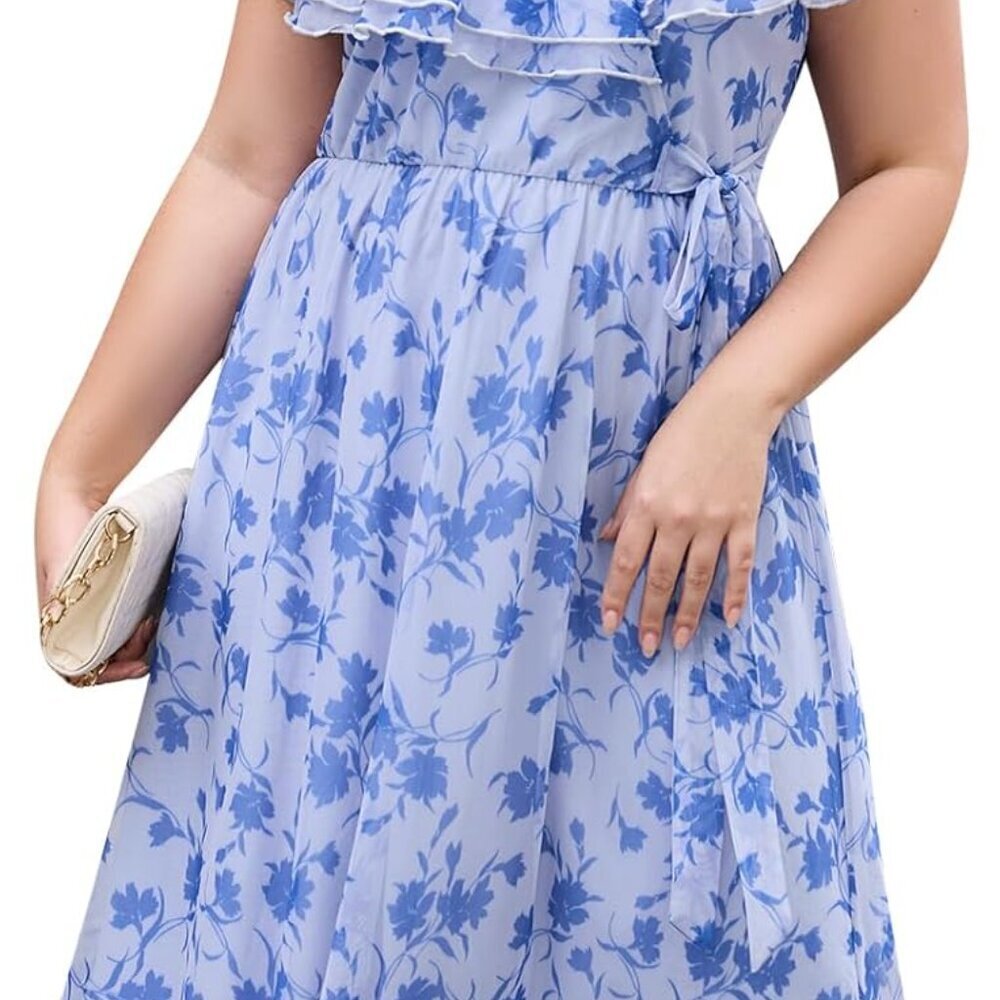 Plus Size Summer Midi Dress Floral Short Sleeve Chiffon Mid for Party Outings